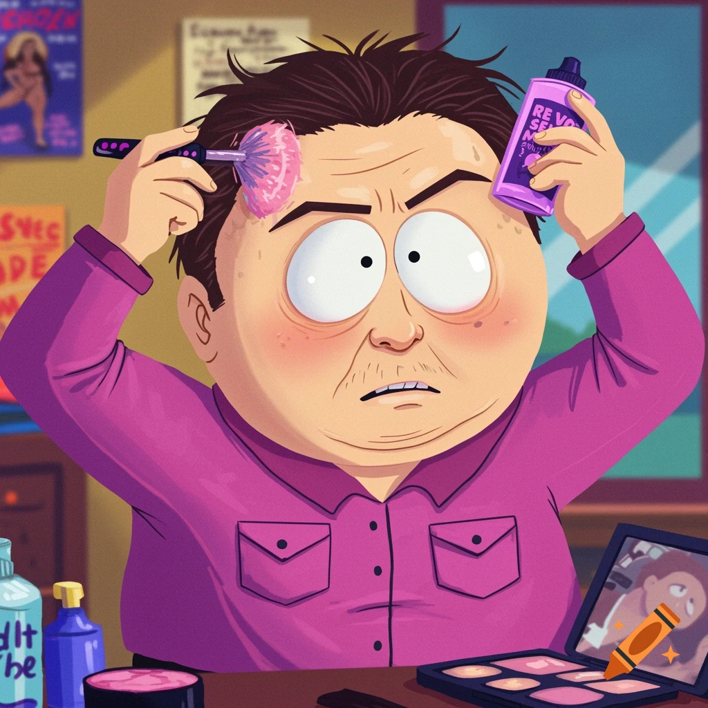 Eric Cartman from South Park applying makeup and hair product, in a cartoon style.