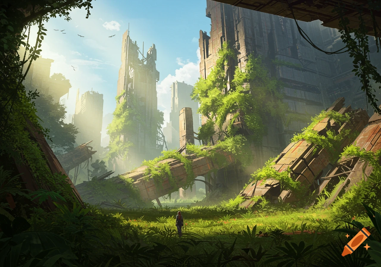 A person stands in a grassy field looking at ancient, overgrown ruins of a city under a sunny sky.