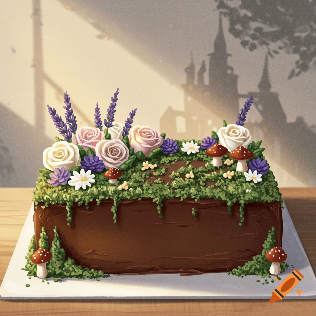 An enchanted forest theme cake decorated with moss, mushrooms, roses, and lavender.