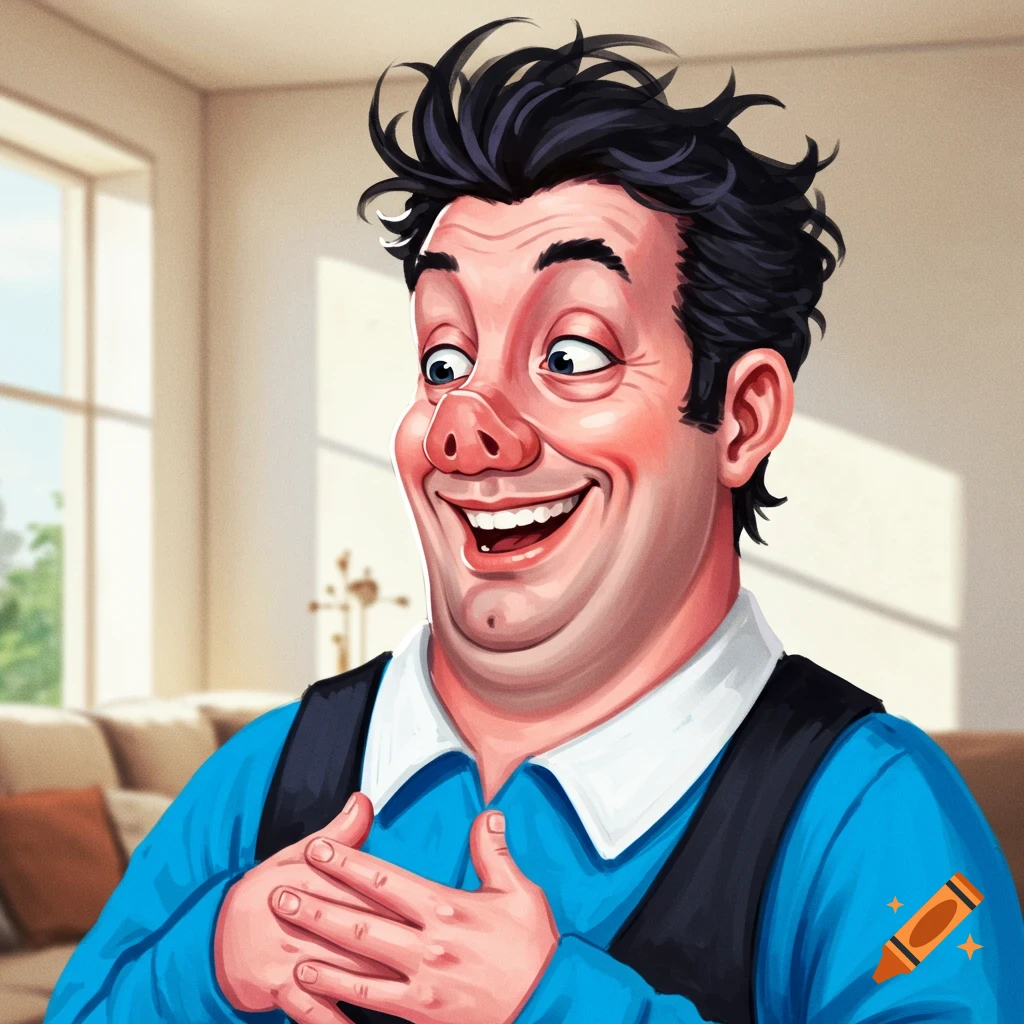 A smiling, cartoonish man with a pig nose, holding his hands on his chest.
