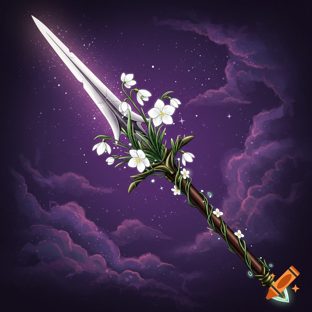 A fantasy spear decorated with white flowers and vines against a purple starry sky.