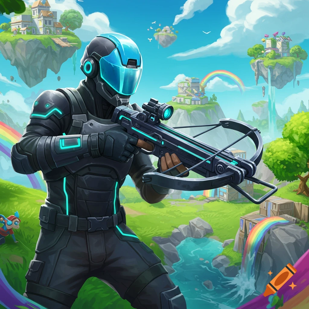 Stylized character in futuristic black and blue suit with a crossbow in a colorful landscape with floating islands and rainbows, digital art.