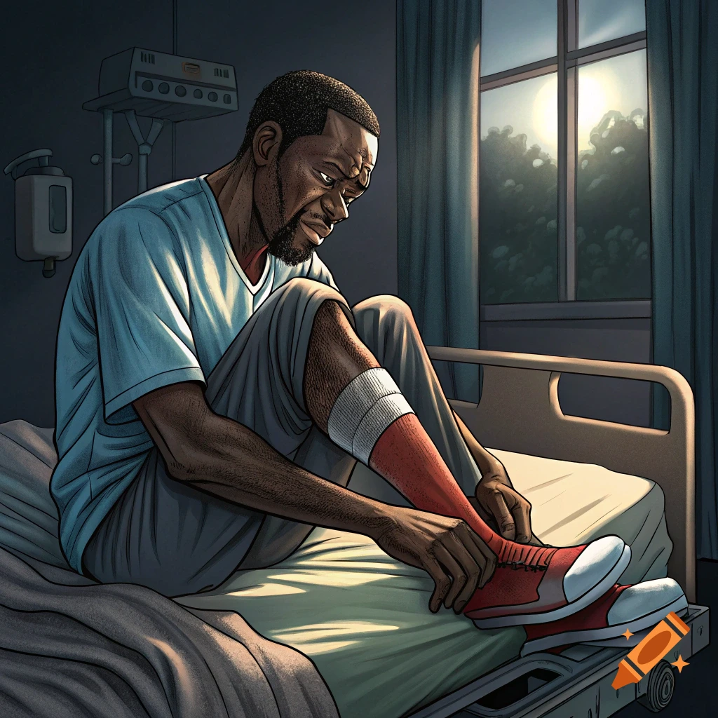 Man sits on hospital bed, bandaged leg, putting on shoes. Illustration style.