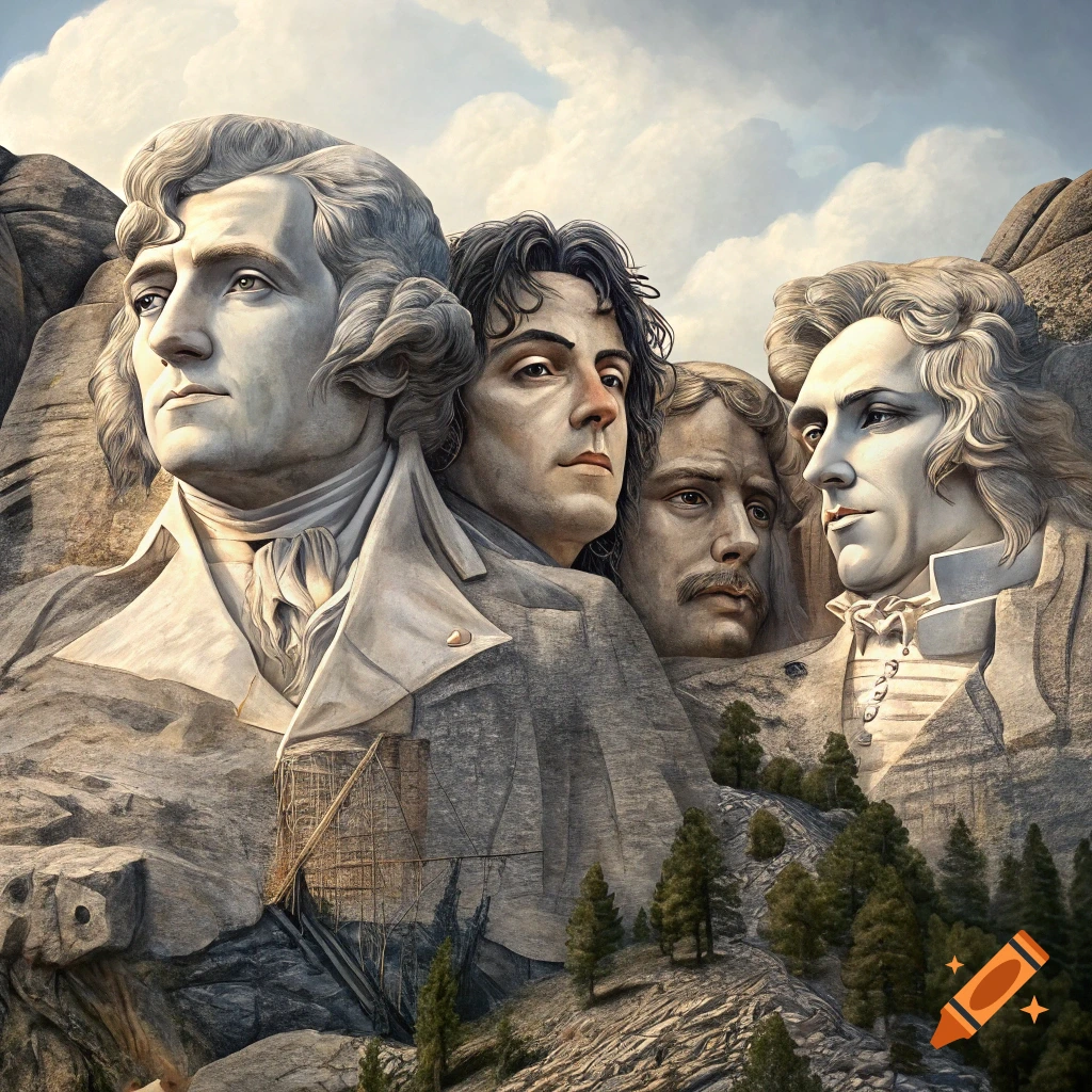 Faces of Michael Jackson, Beethoven, Mozart, and Freddie Mercury carved into Mount Rushmore.