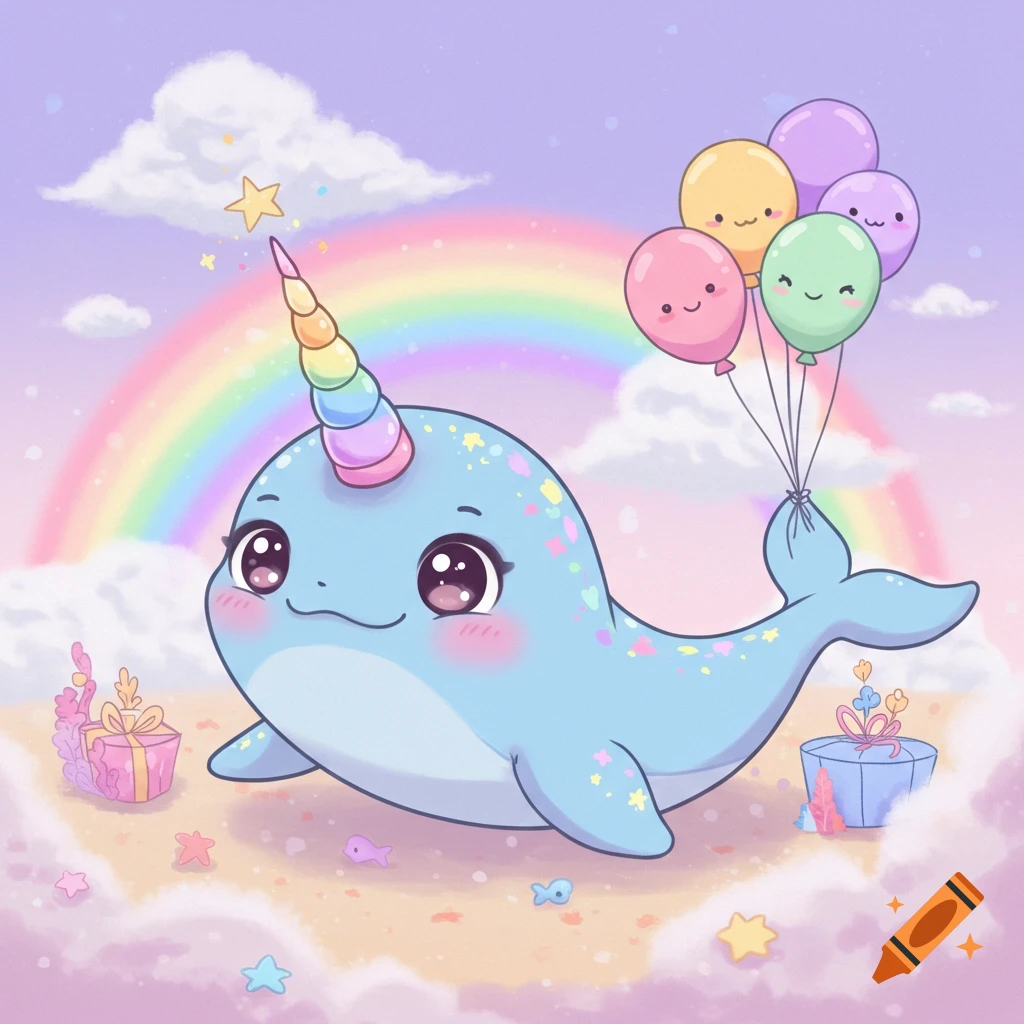 Cute cartoon narwhal with rainbow horn floating among clouds with balloons and gifts under a rainbow