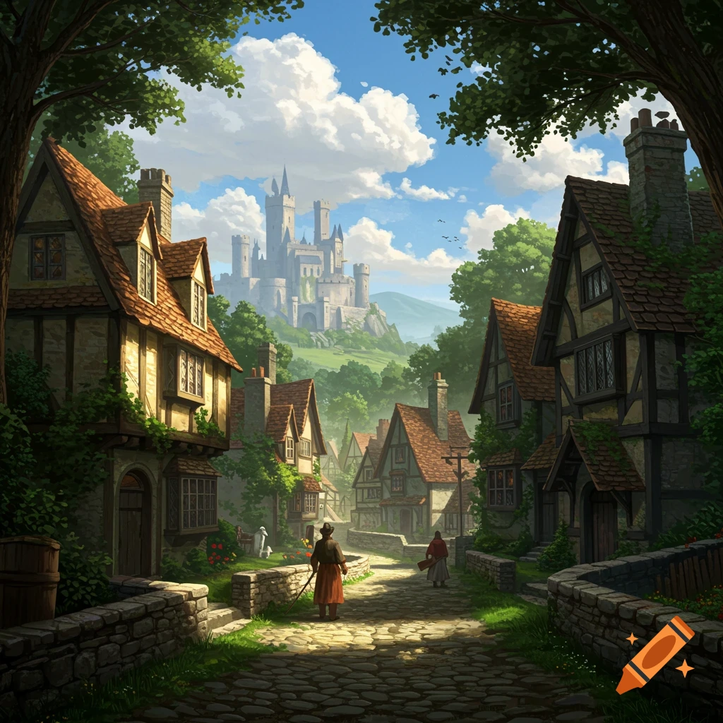 A fantasy village street leading towards a distant castle