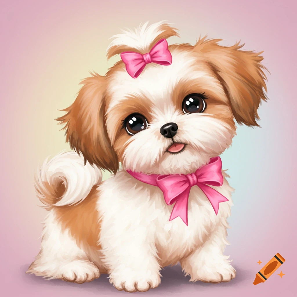 Cute brown and white puppy wearing pink bows.