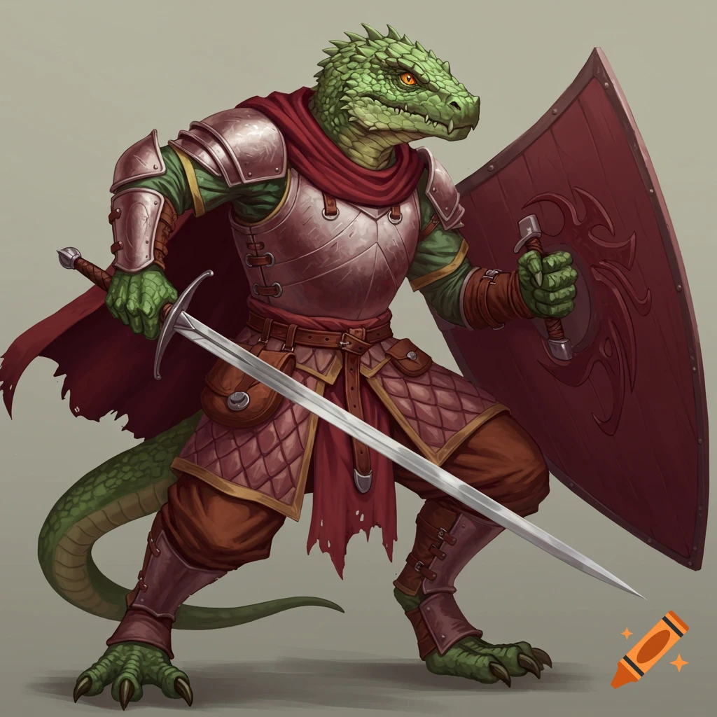 A lizardfolk warrior in armor with a sword and shield.