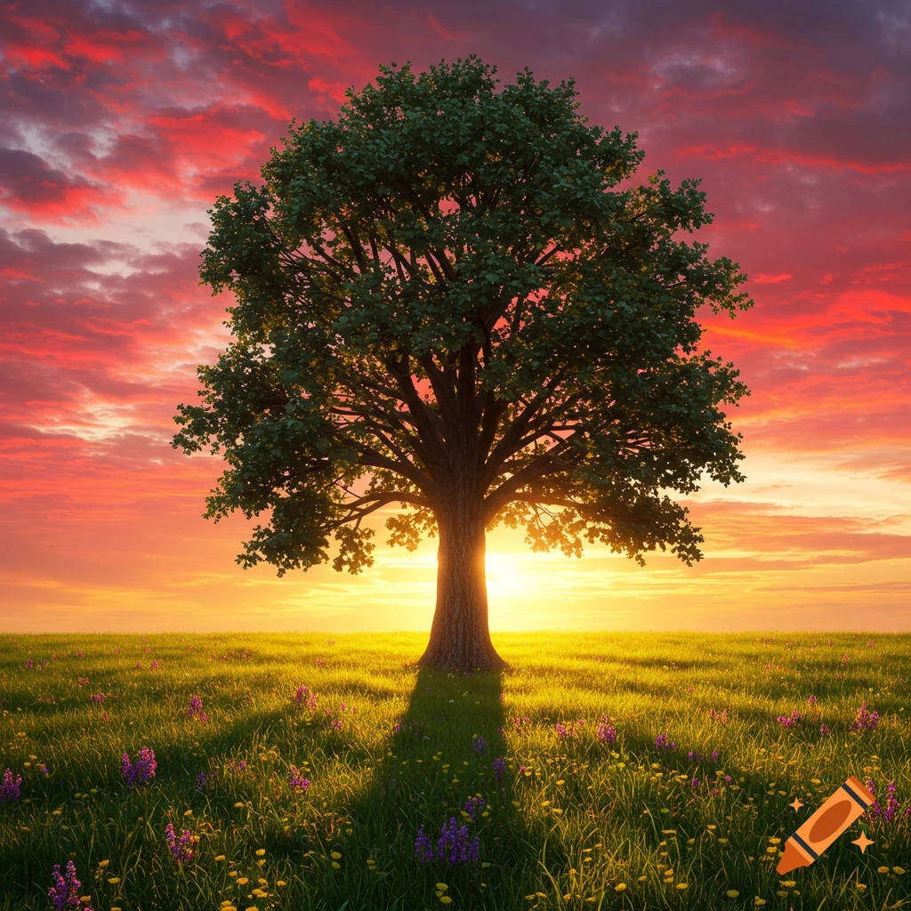 Large tree in a meadow at sunset with red clouds.