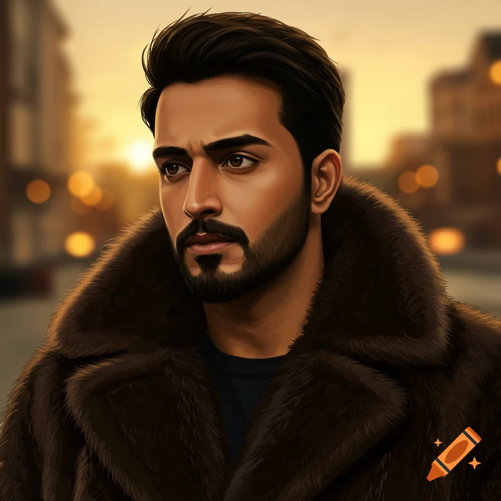 A man with a beard wearing a fur coat stands on a city street at sunset.