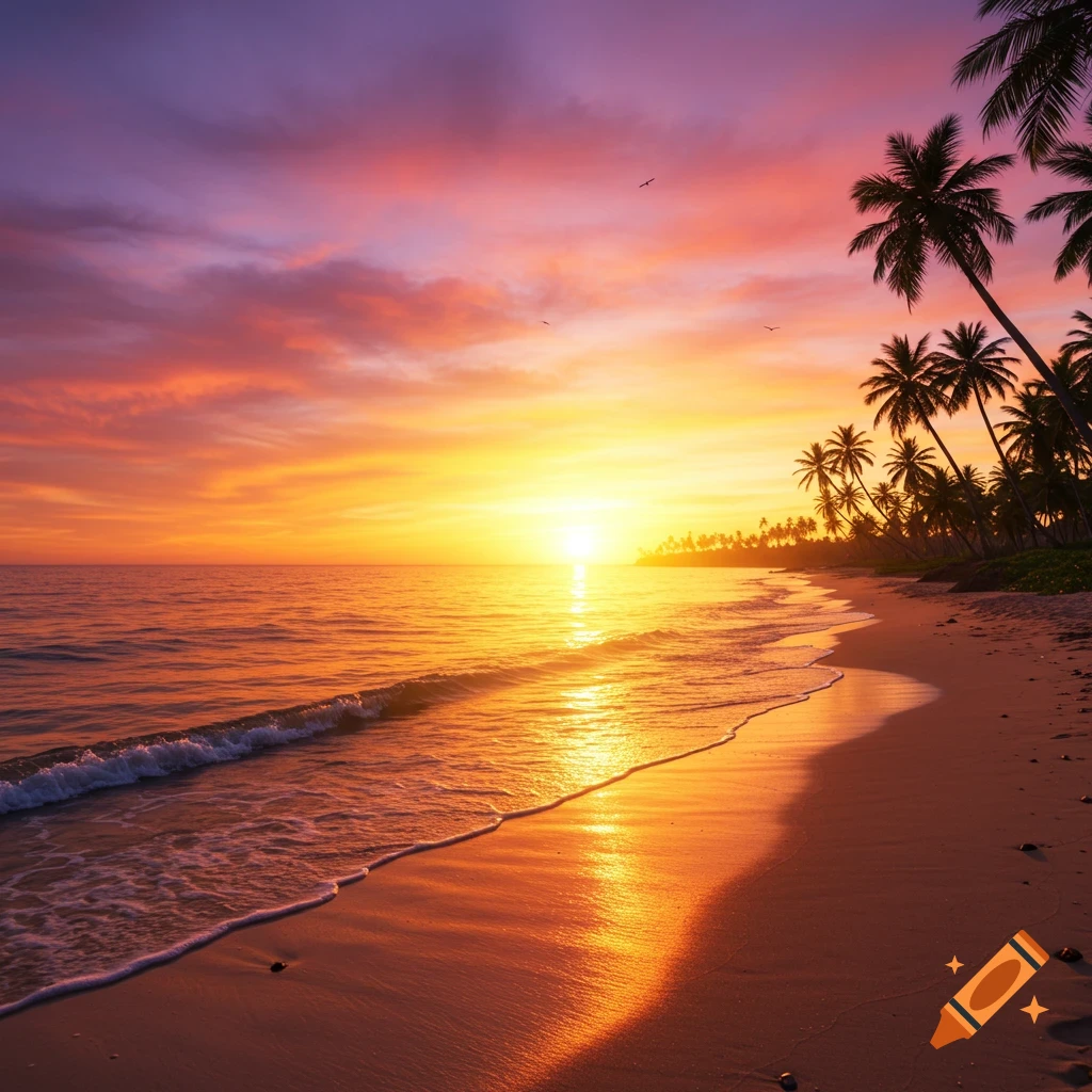 A photorealistic image of a beach with palm trees silhouetted against a vibrant sunset over the ocean.