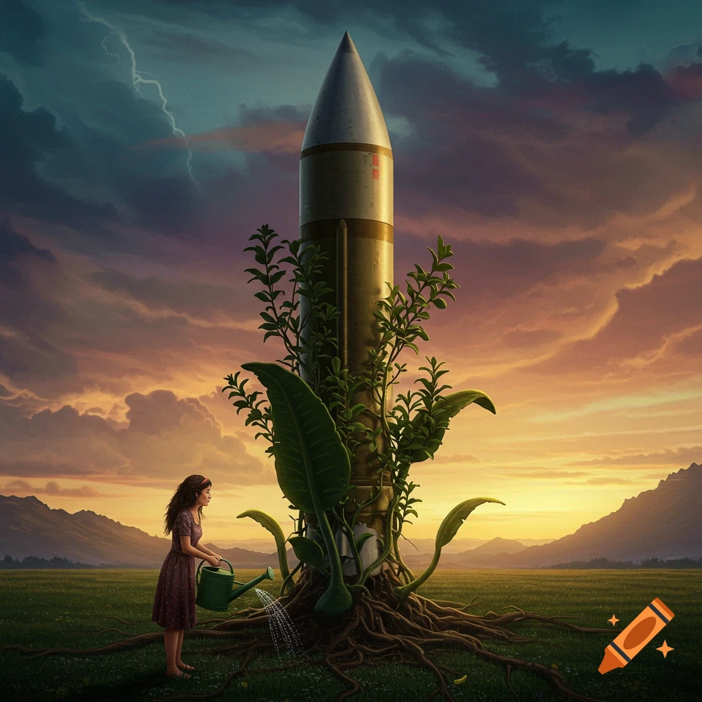 A woman is watering a large missile growing from the ground like a plant under a dramatic sky.