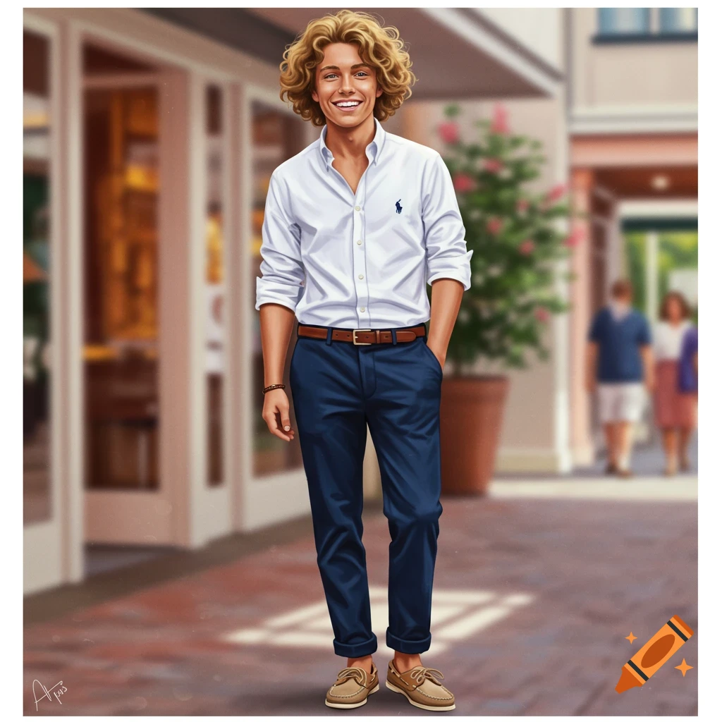 A smiling young man with curly hair in a preppy outfit.