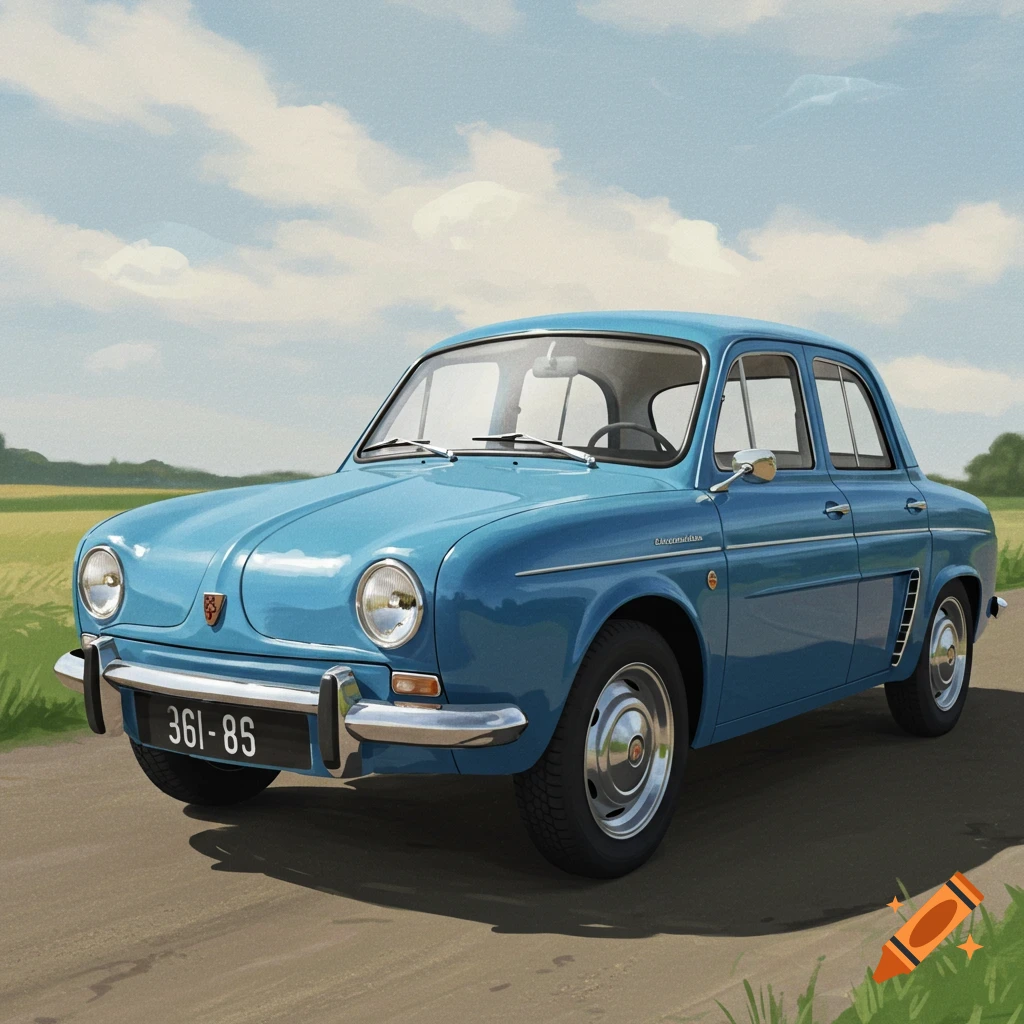 A blue vintage Renault Dauphine car parked on a dirt road in a field under a cloudy sky.