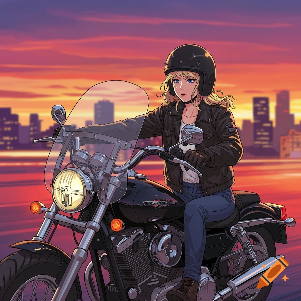Anime art of a woman riding a motorcycle in a city at sunset