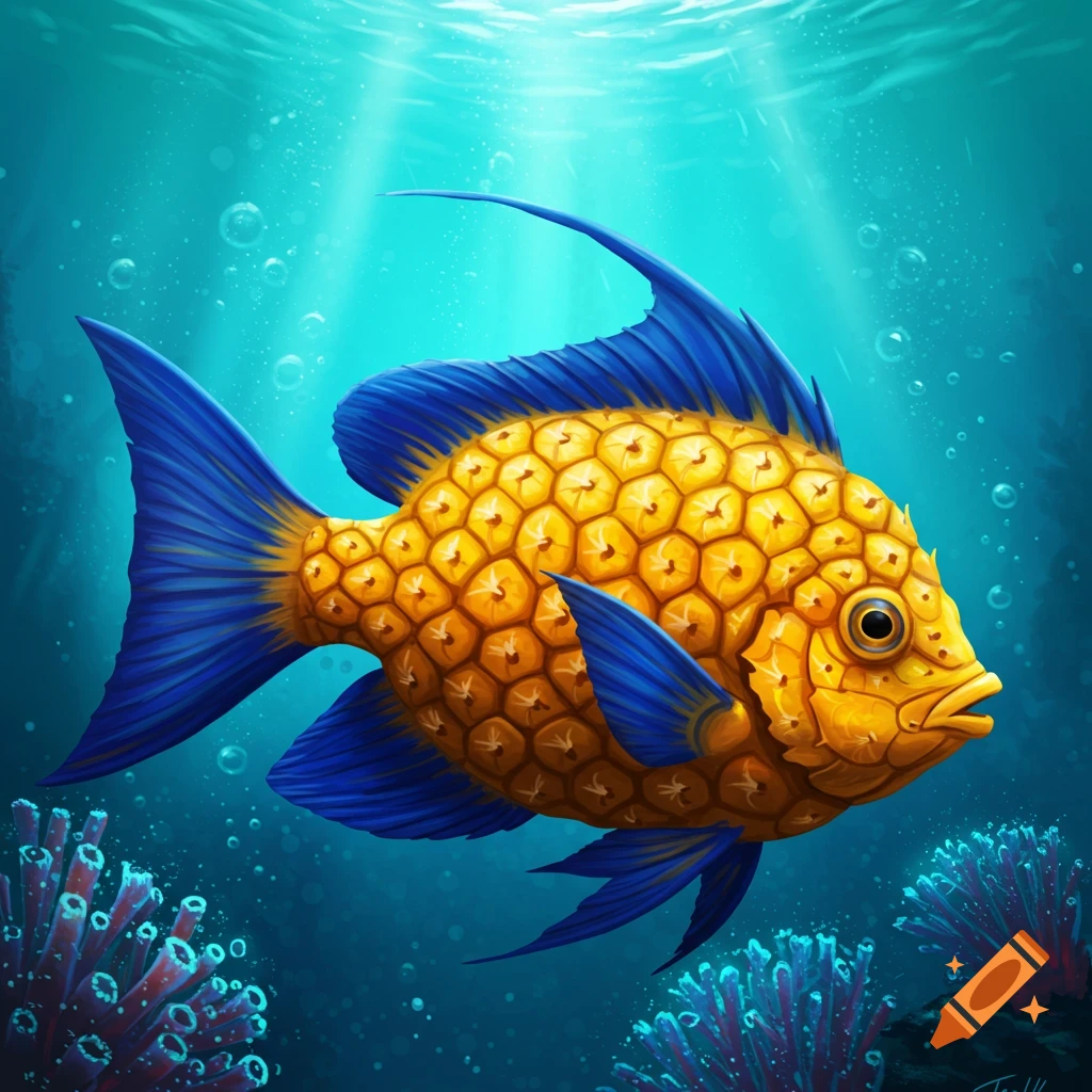 A fish with a pineapple-textured body is swimming underwater near coral.