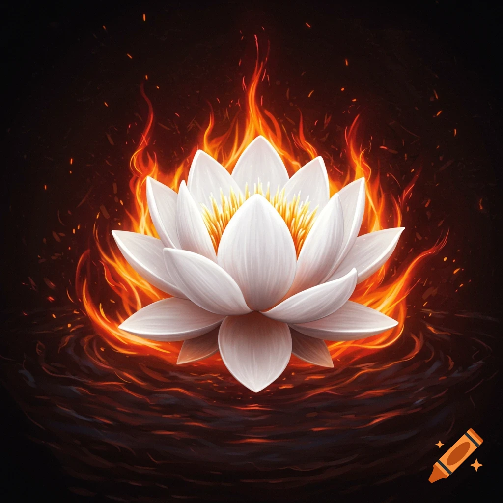 A white lotus flower engulfed in flames on dark water.