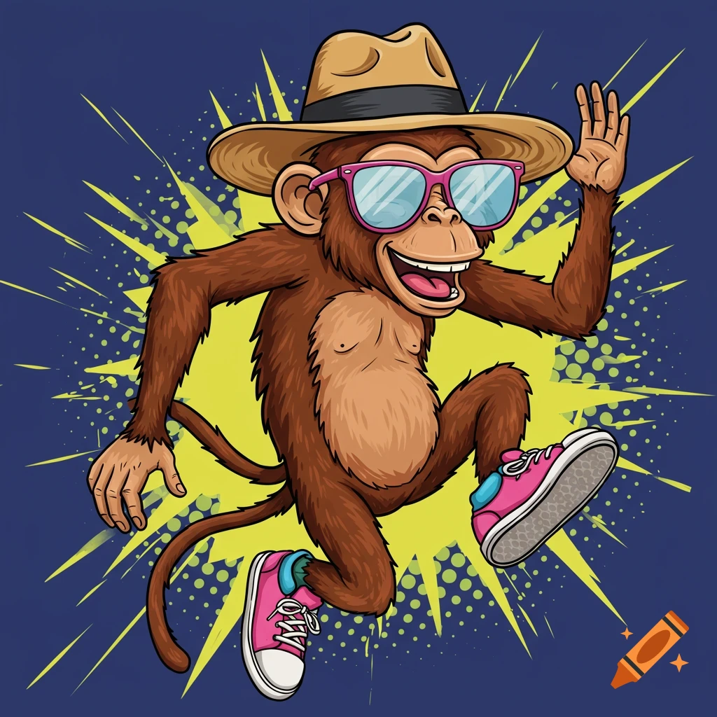 Cartoon monkey in sunglasses and hat doing a jumping jack pose.