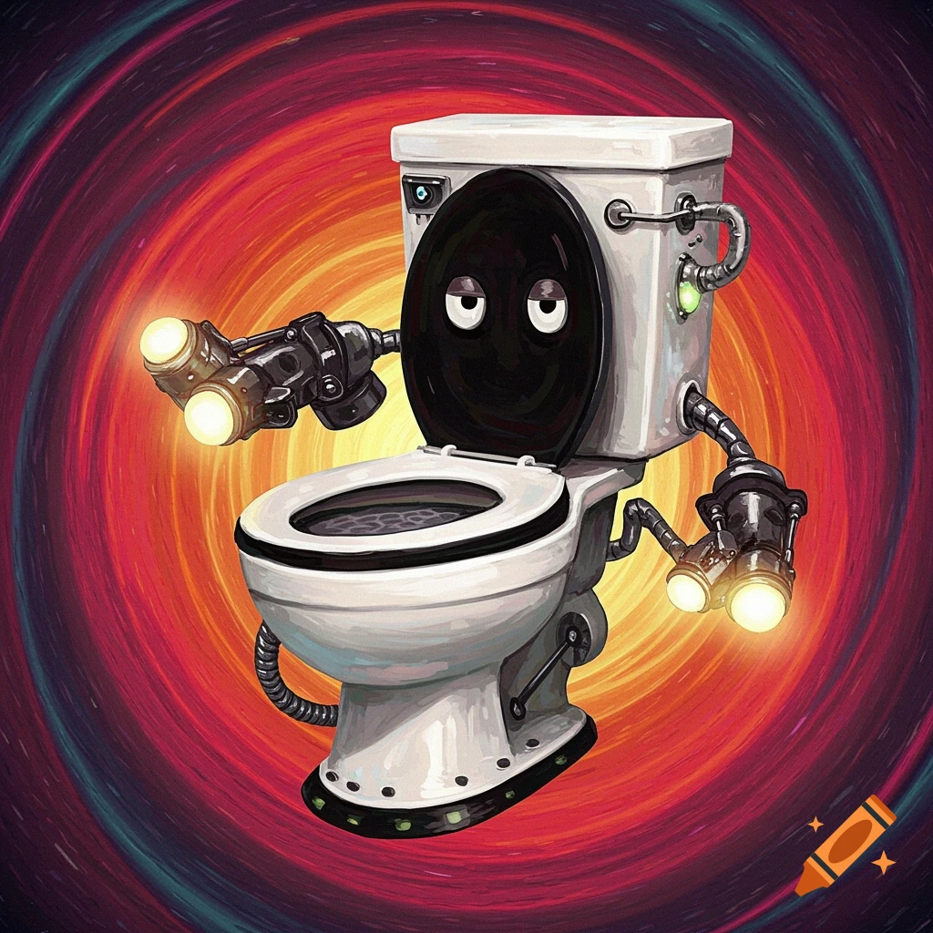 A cartoonish toilet with arms and lights against a colorful swirling background.