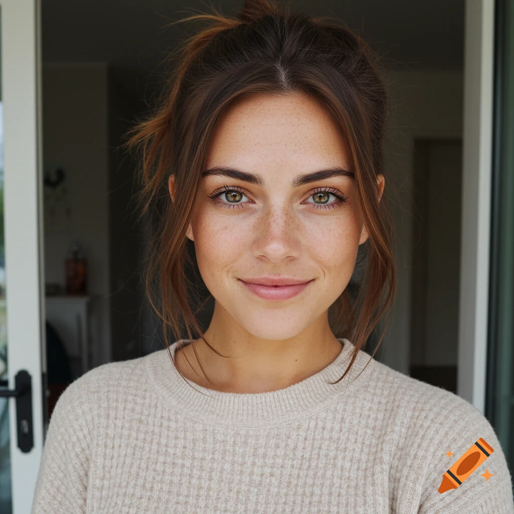 Close-up portrait of a woman with freckles and hazel eyes smiling, in front of a doorway.