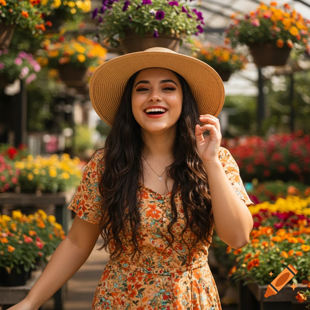 A young woman smiling in a garden center with hanging flowers