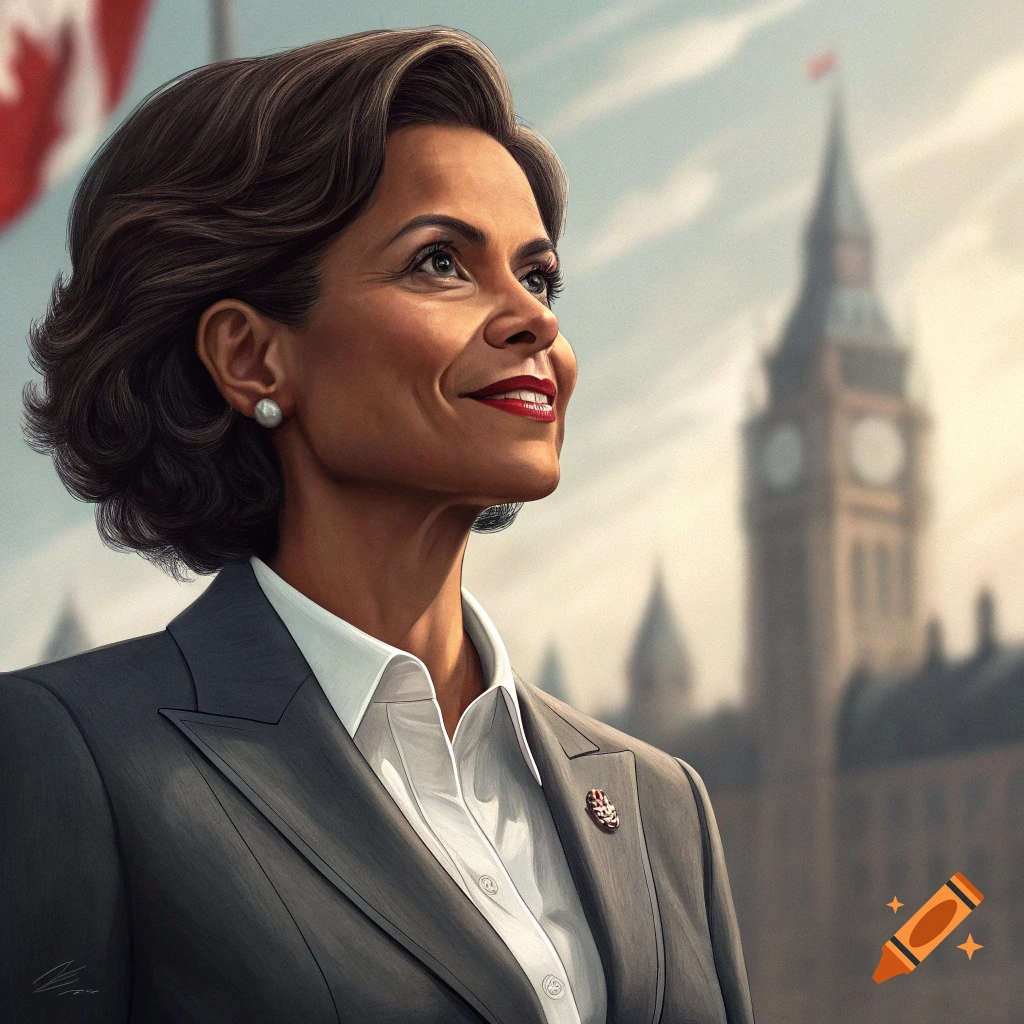 Portrait of a female politician of color in a suit, standing in front of the Canadian Parliament and flag.