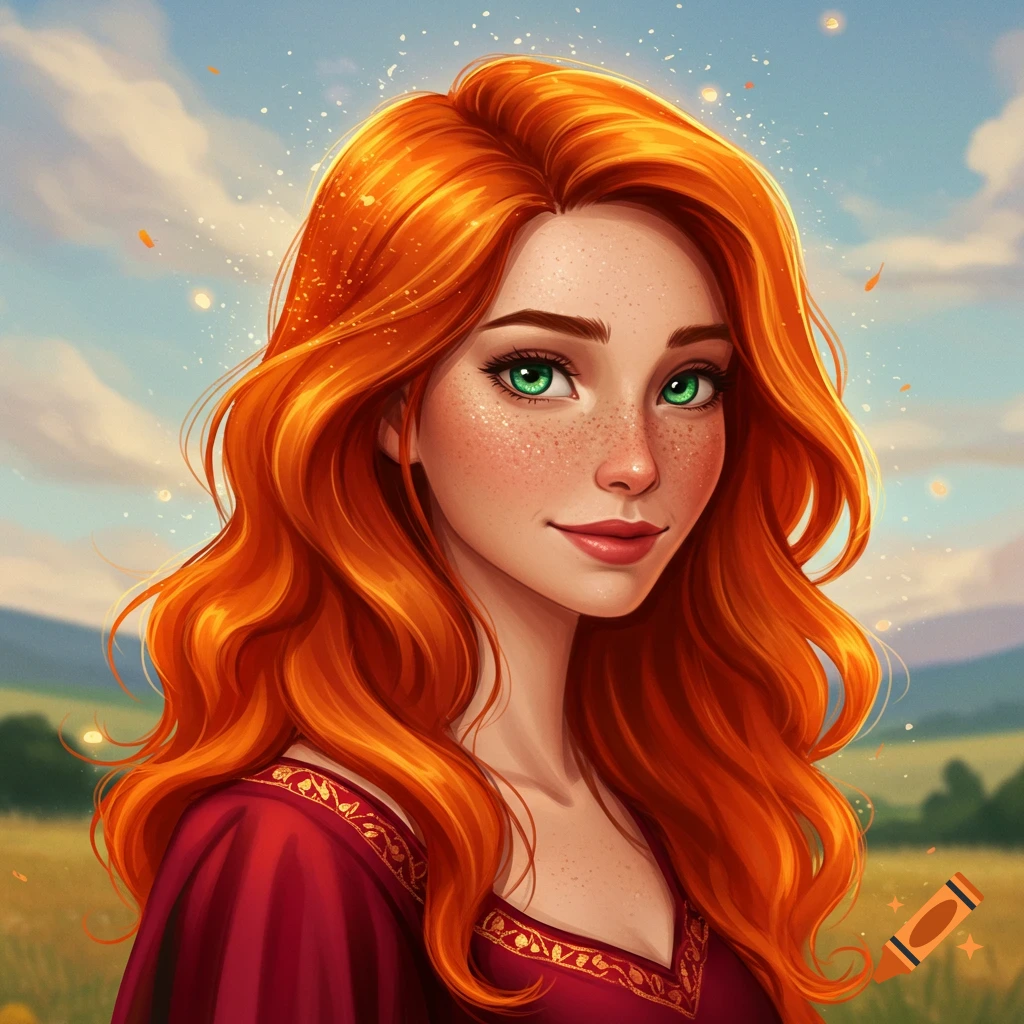 A red-haired woman with freckles and green eyes stands in a field under a cloudy sky.