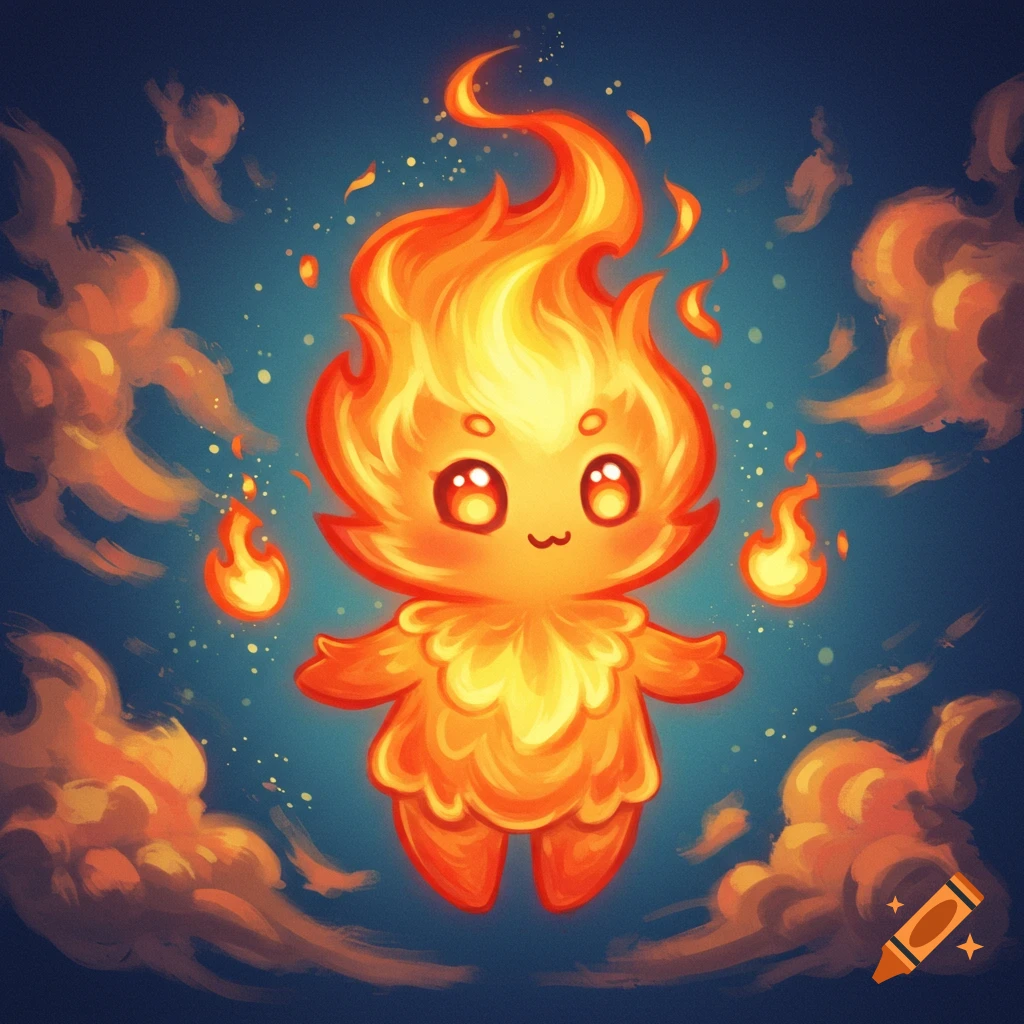 A cute fire elemental creature surrounded by flames.