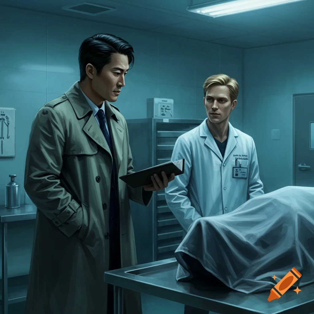 A detective and coroner are in a morgue looking at a covered body.