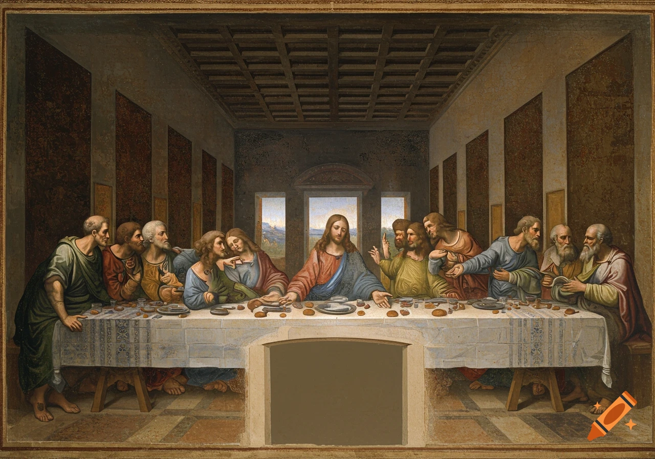 A painting depicting Jesus and his apostles at a long table, resembling The Last Supper.