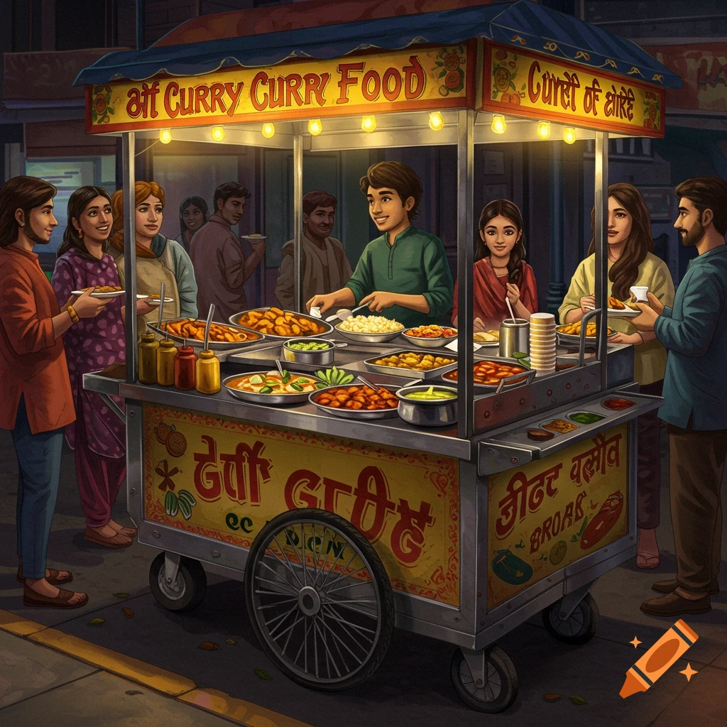People getting food from a curry food cart at night.