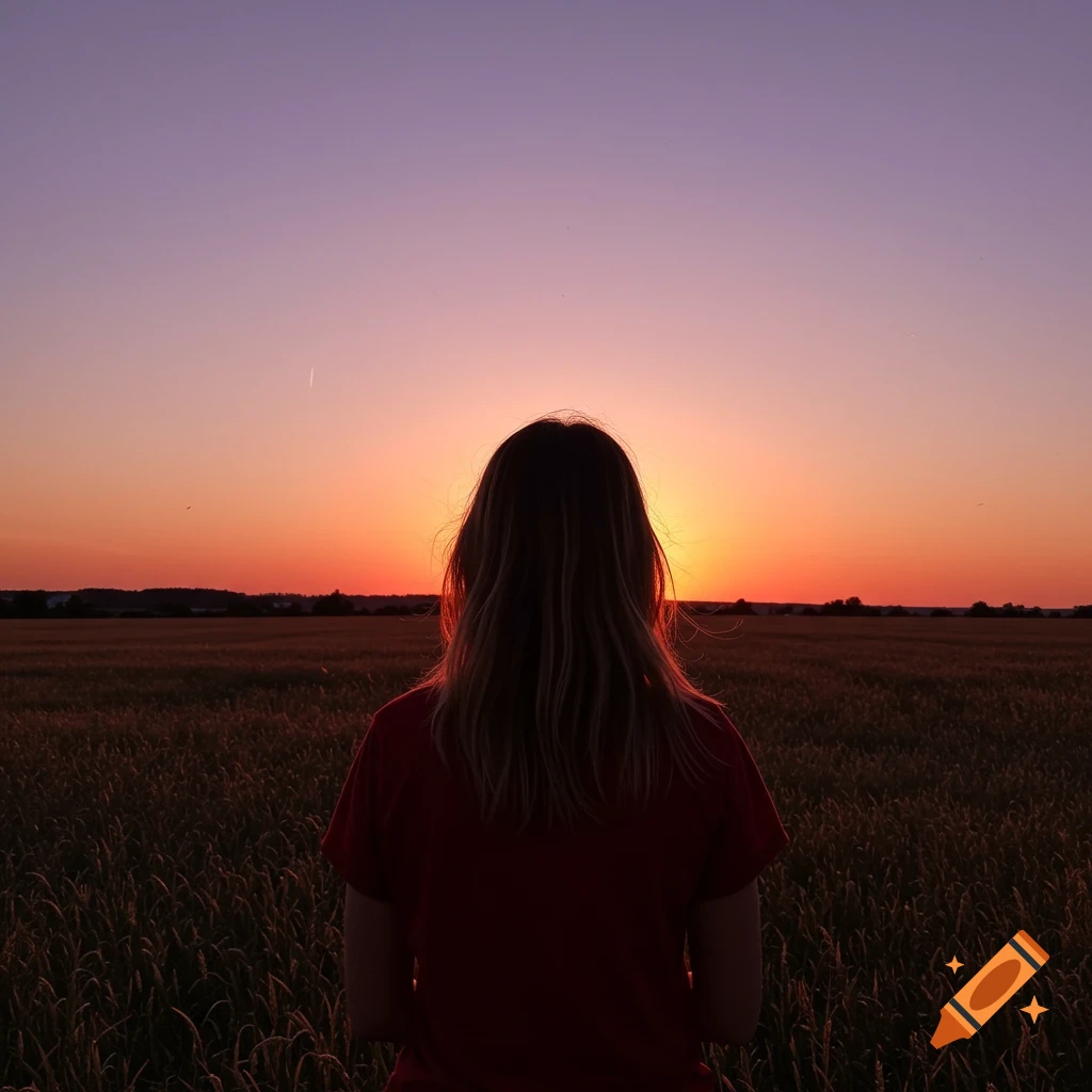 A person stands facing a colorful sunset over a field of crops.