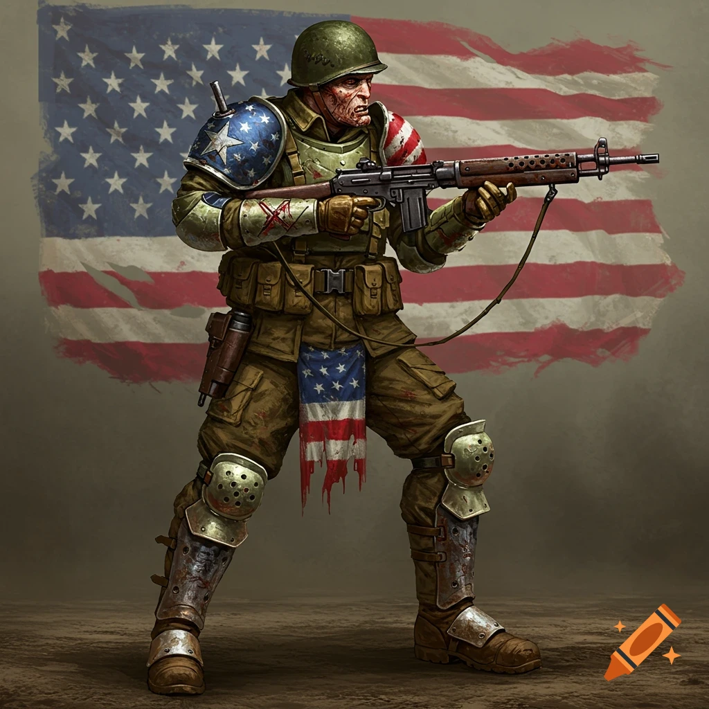 A weathered soldier in damaged armor and uniform stands before an American flag, holding a rifle.