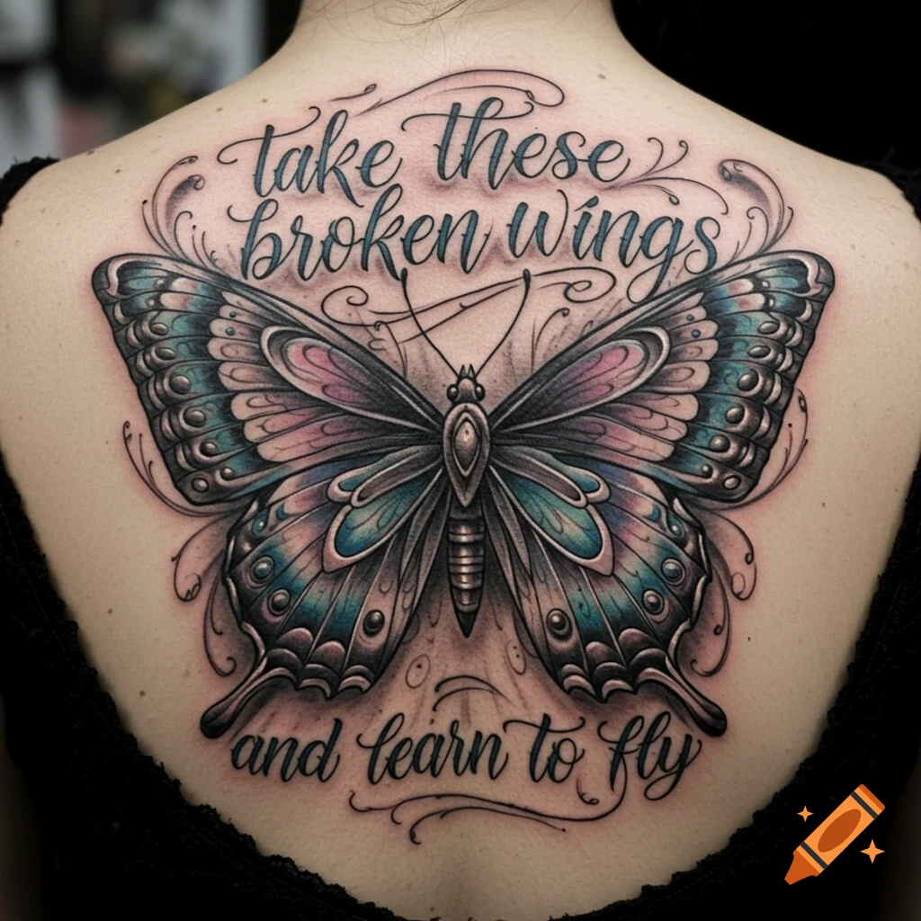 Colorful butterfly tattoo with text on a person's back.