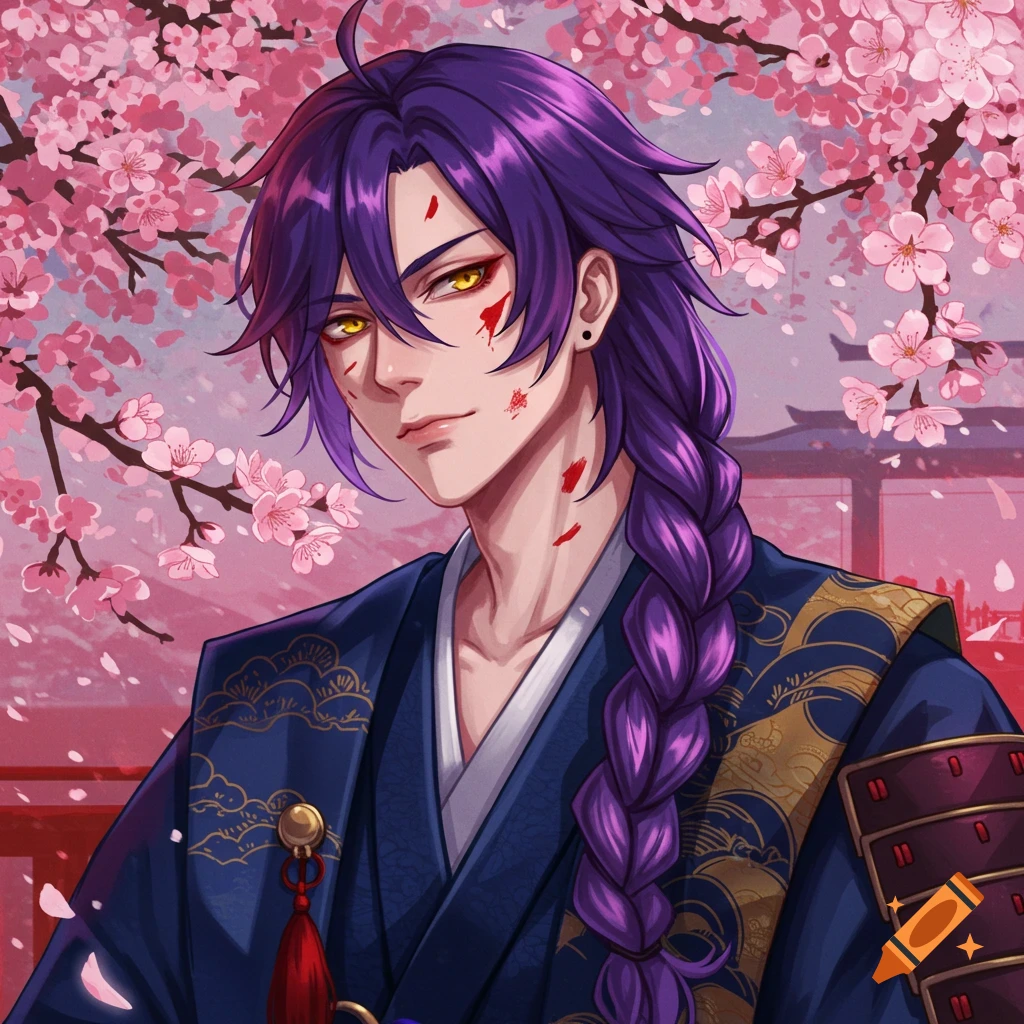 A Japanese male character with purple braided hair in traditional clothes among cherry blossoms.