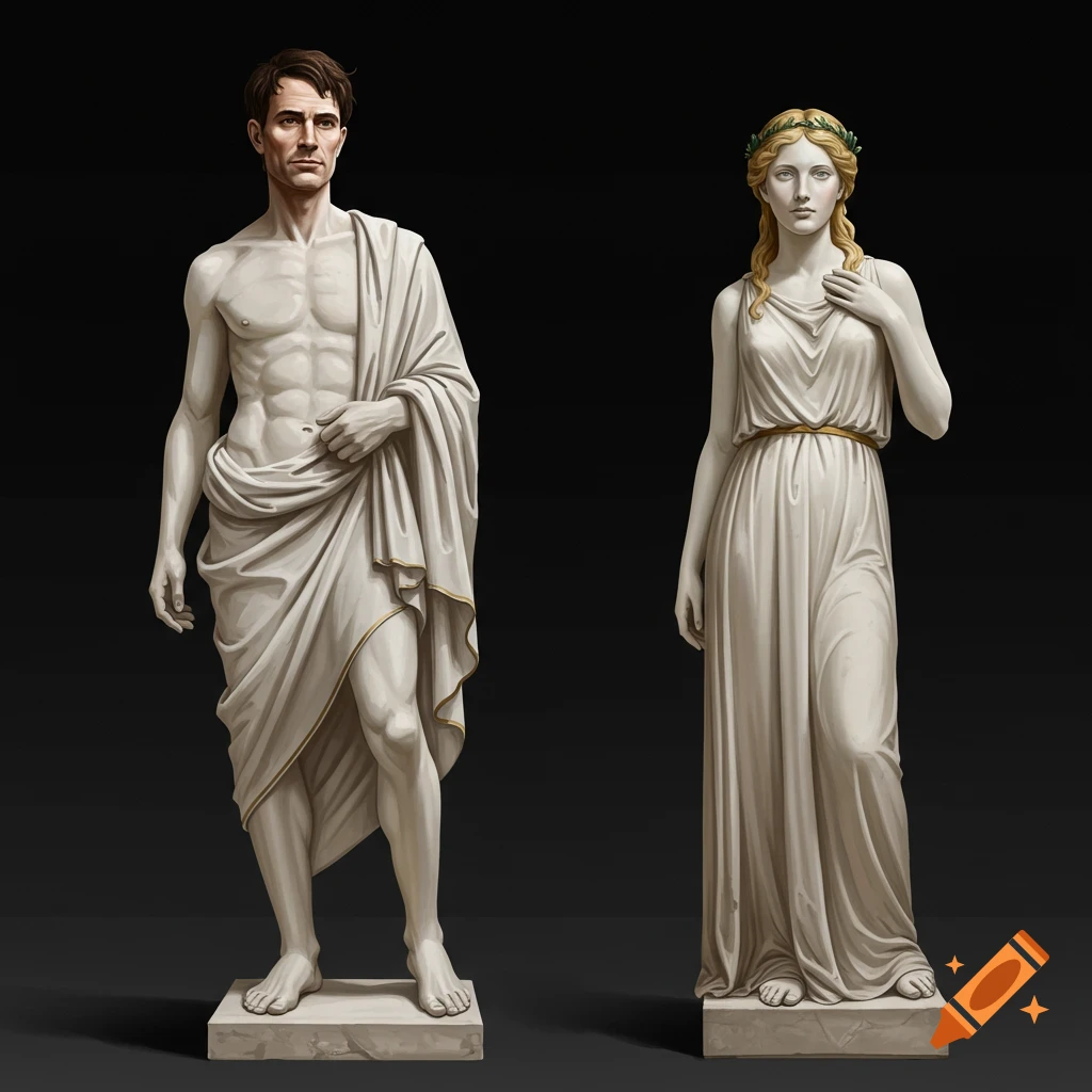 Male and female figures resembling classical statues.