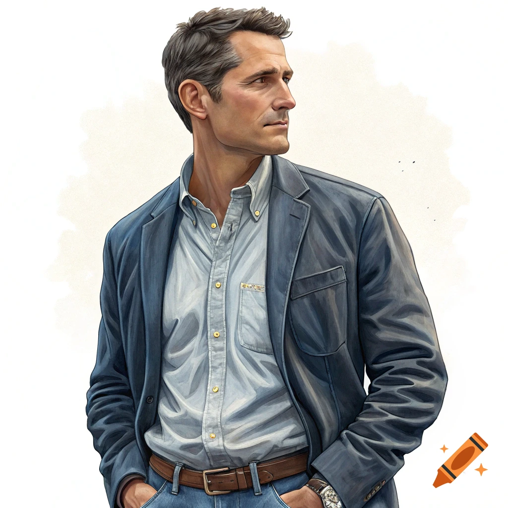 An illustration of a man in a blue blazer and light blue shirt, hands in his pockets, looking away.