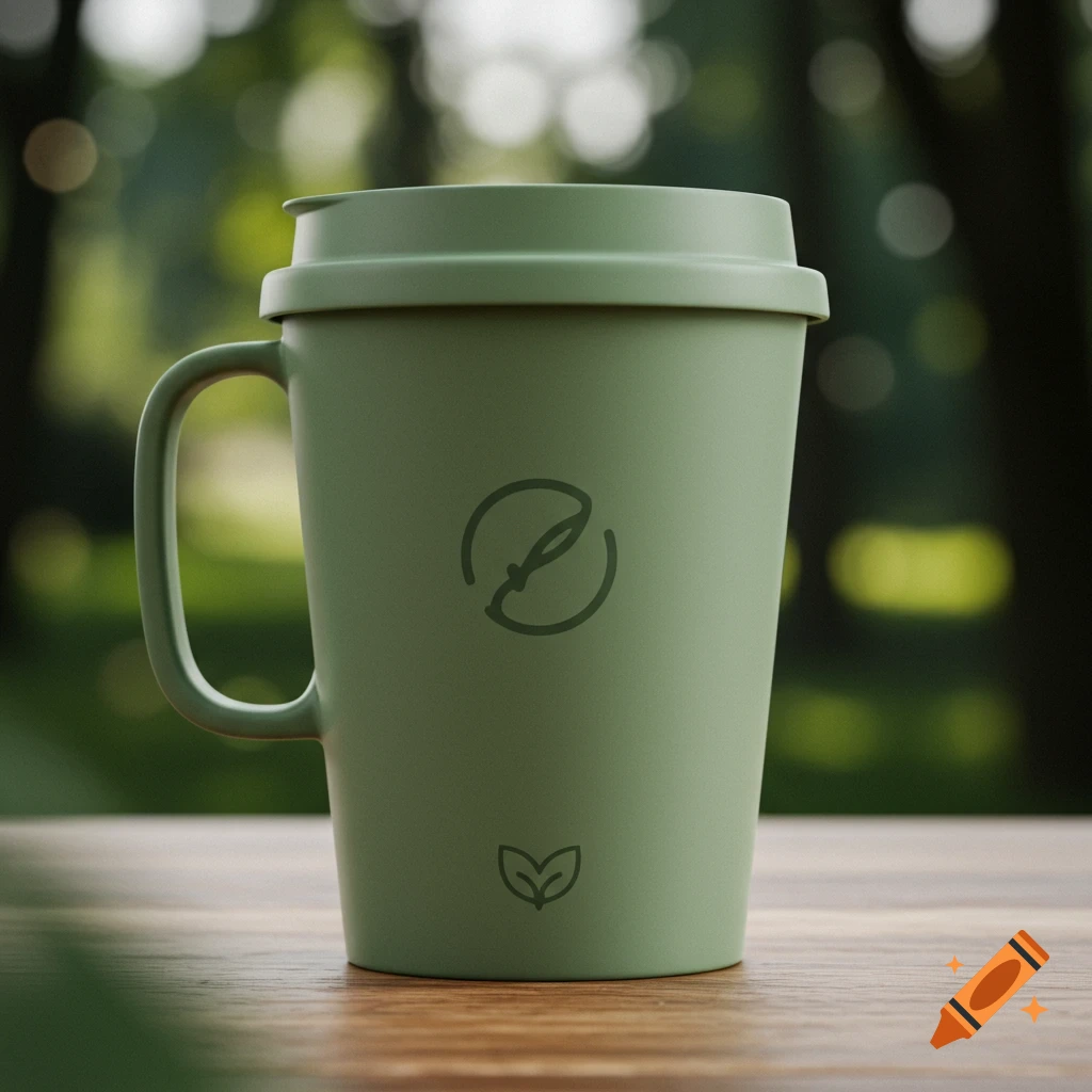 Green reusable coffee cup with symbols on a wooden table outdoors, photorealistic