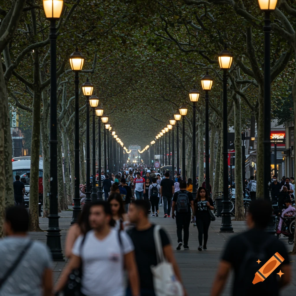 Many people walk along a tree-lined boulevard with street lights in the evening.