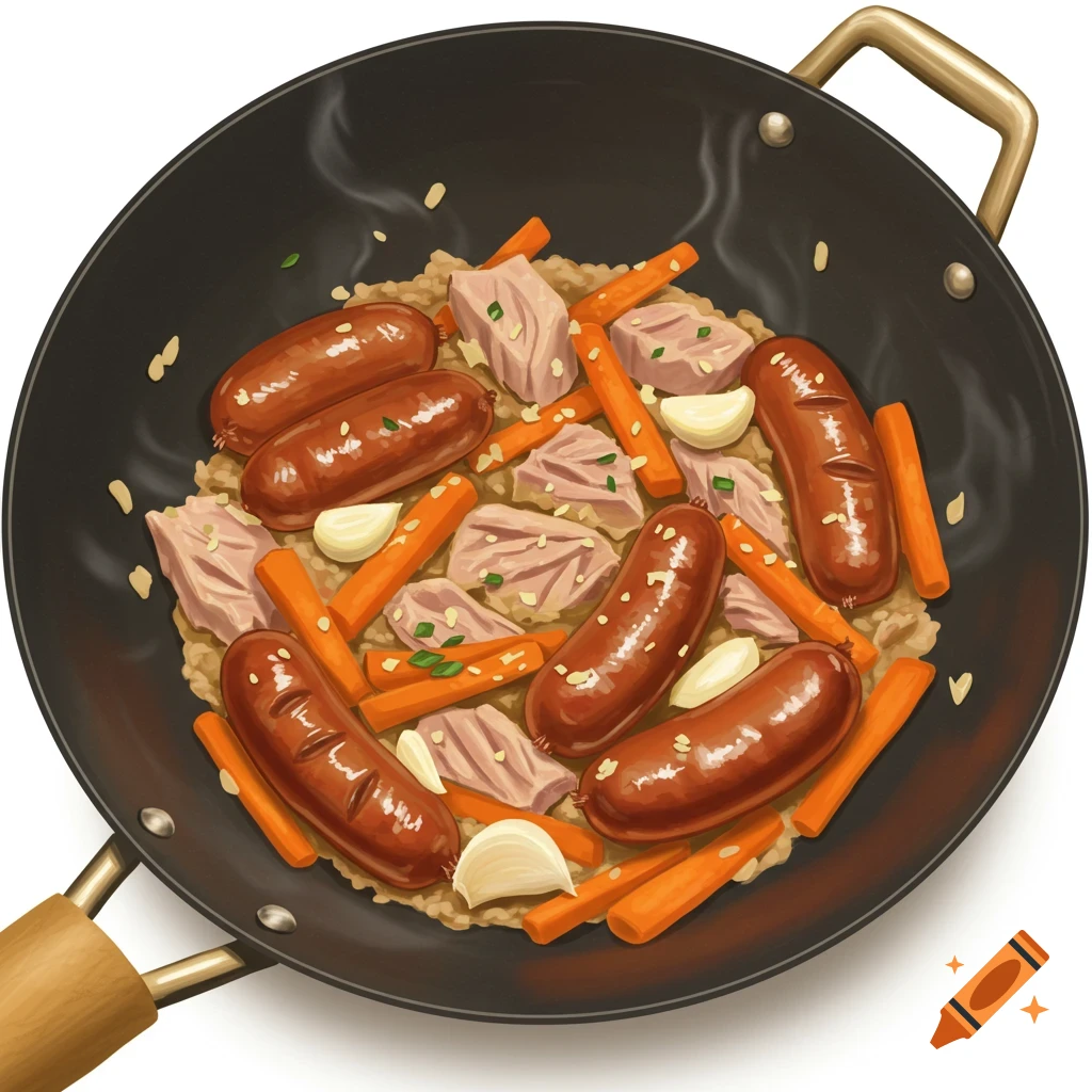Sausage, tuna, carrots, and garlic cook in a black wok with a wooden handle.