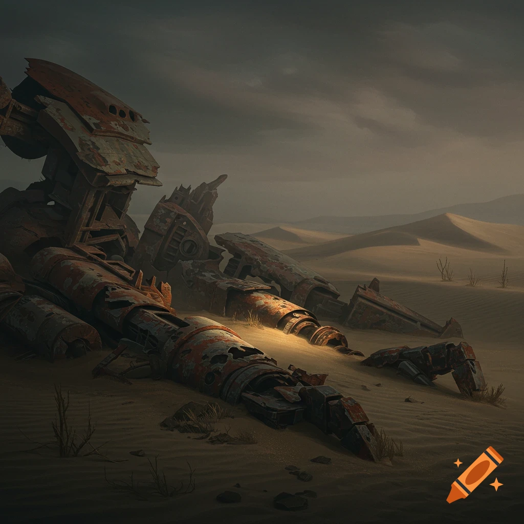 Rusted remains of a giant robot in a desolate desert landscape
