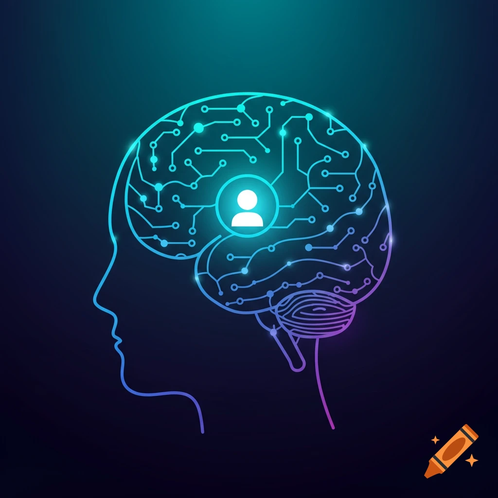 Stylized illustration of a brain depicted as a circuit board with a human icon inside, against a dark gradient background.