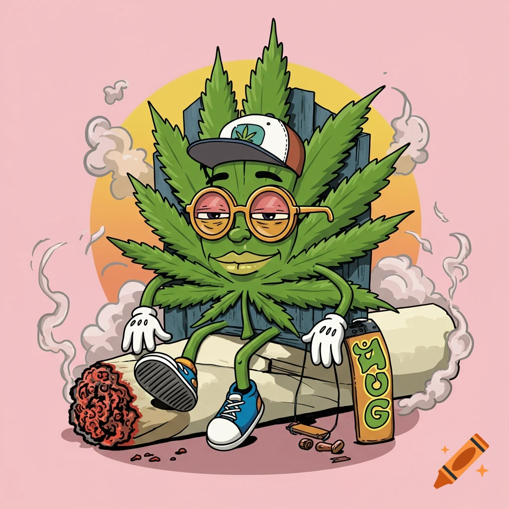 Cartoon cannabis leaf mascot with sunglasses and hat sitting on a giant joint in vintage comic style