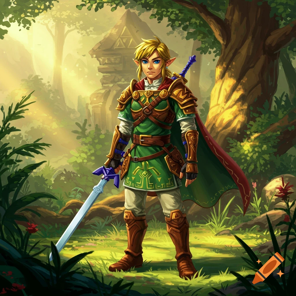 Link in his royal guard outfit standing in a sunny forest.