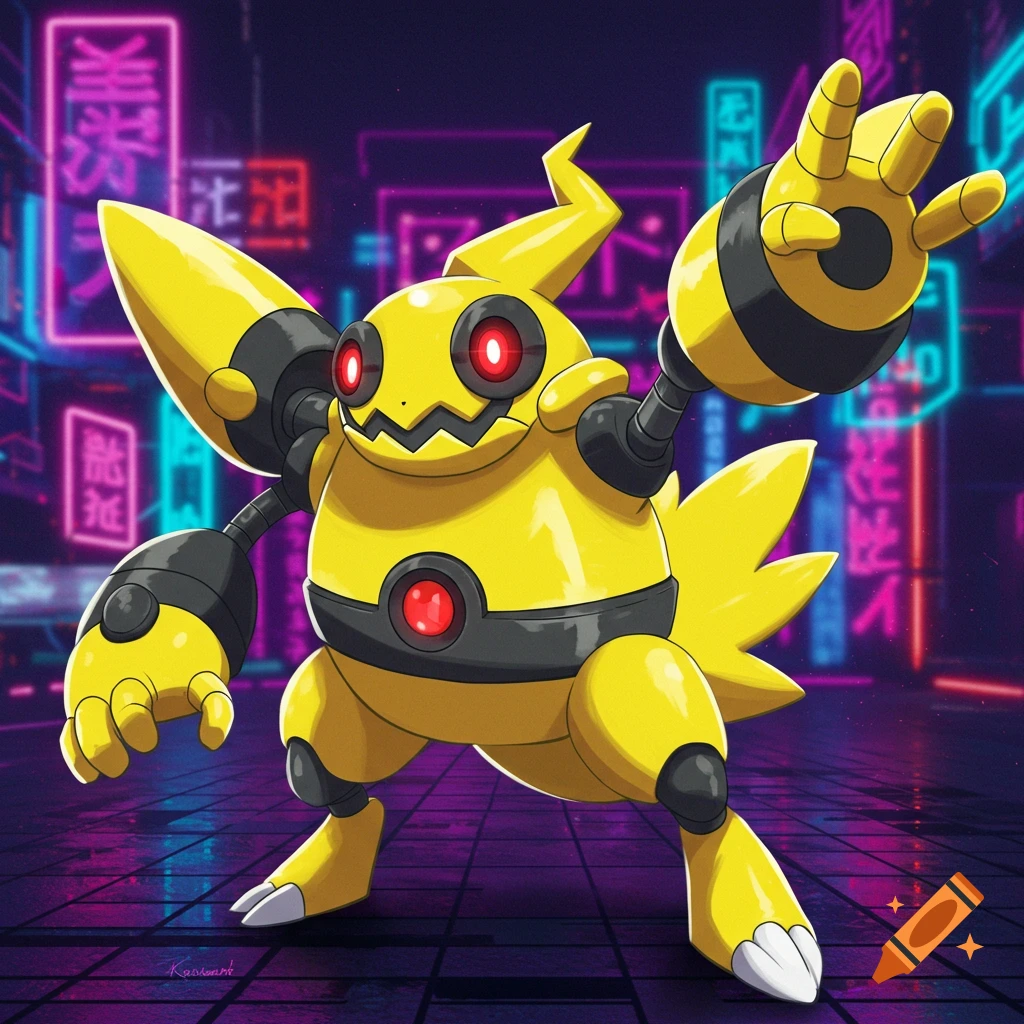 A yellow robotic creature stands in a neon-lit city street.