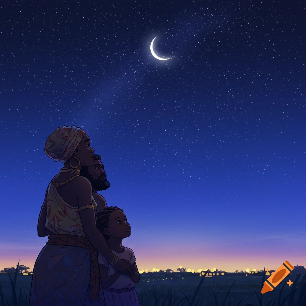 Black family looking up at a starry night sky with a crescent moon.