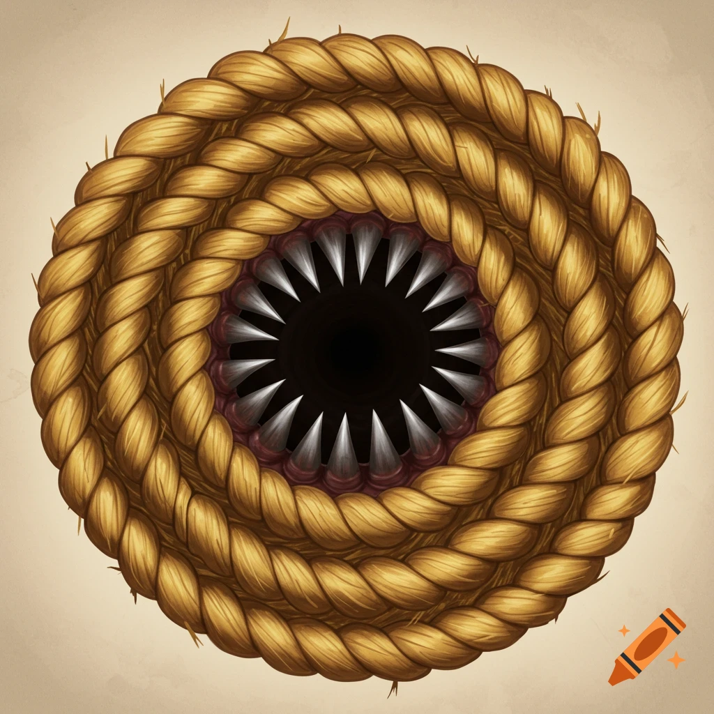 A spiral of rope with a dark center filled with sharp teeth.