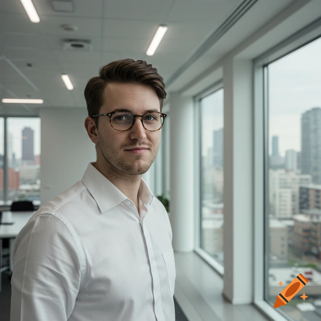 A young man in a white shirt and glasses stands in an office with a city view.