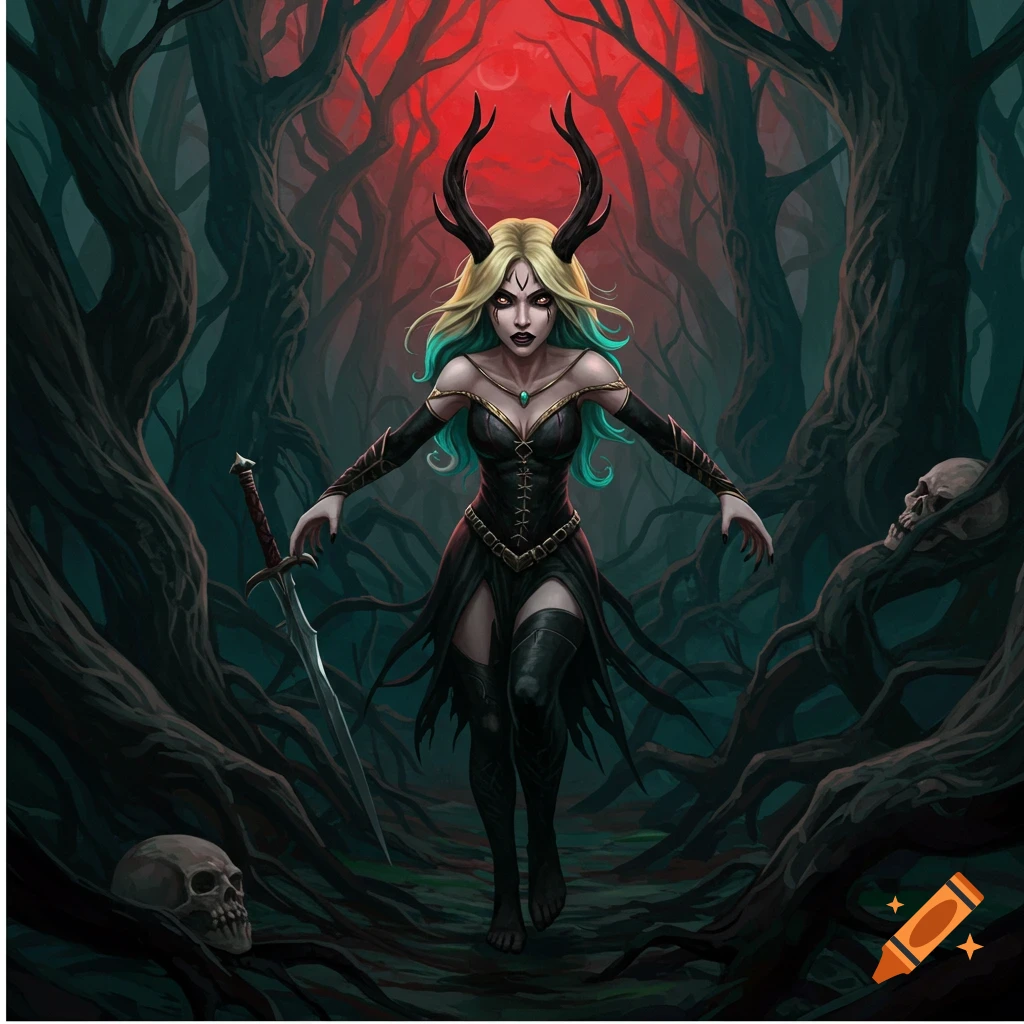 A horned woman in a black dress stands in a dark, twisted forest with skulls, holding a sword, under a red sky.