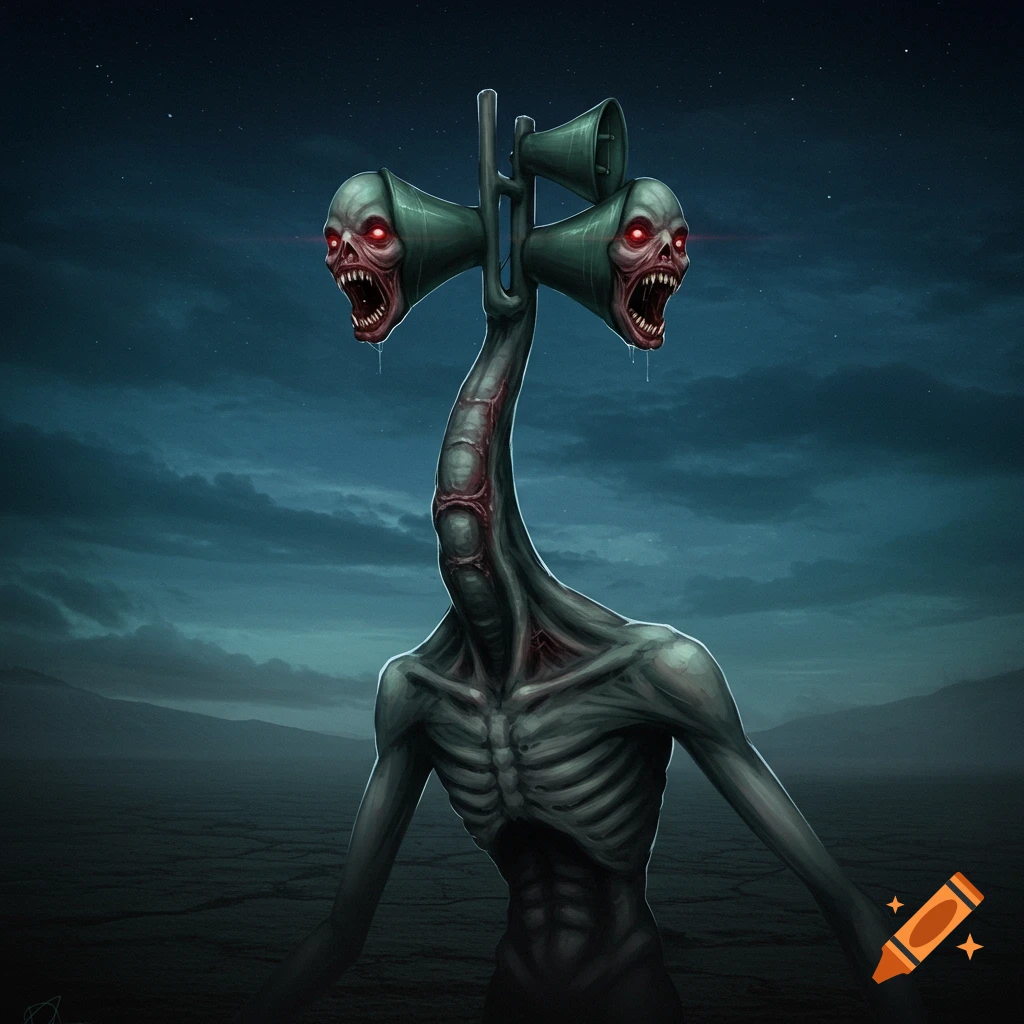 The creature Siren Head stands in a desolate landscape at night.